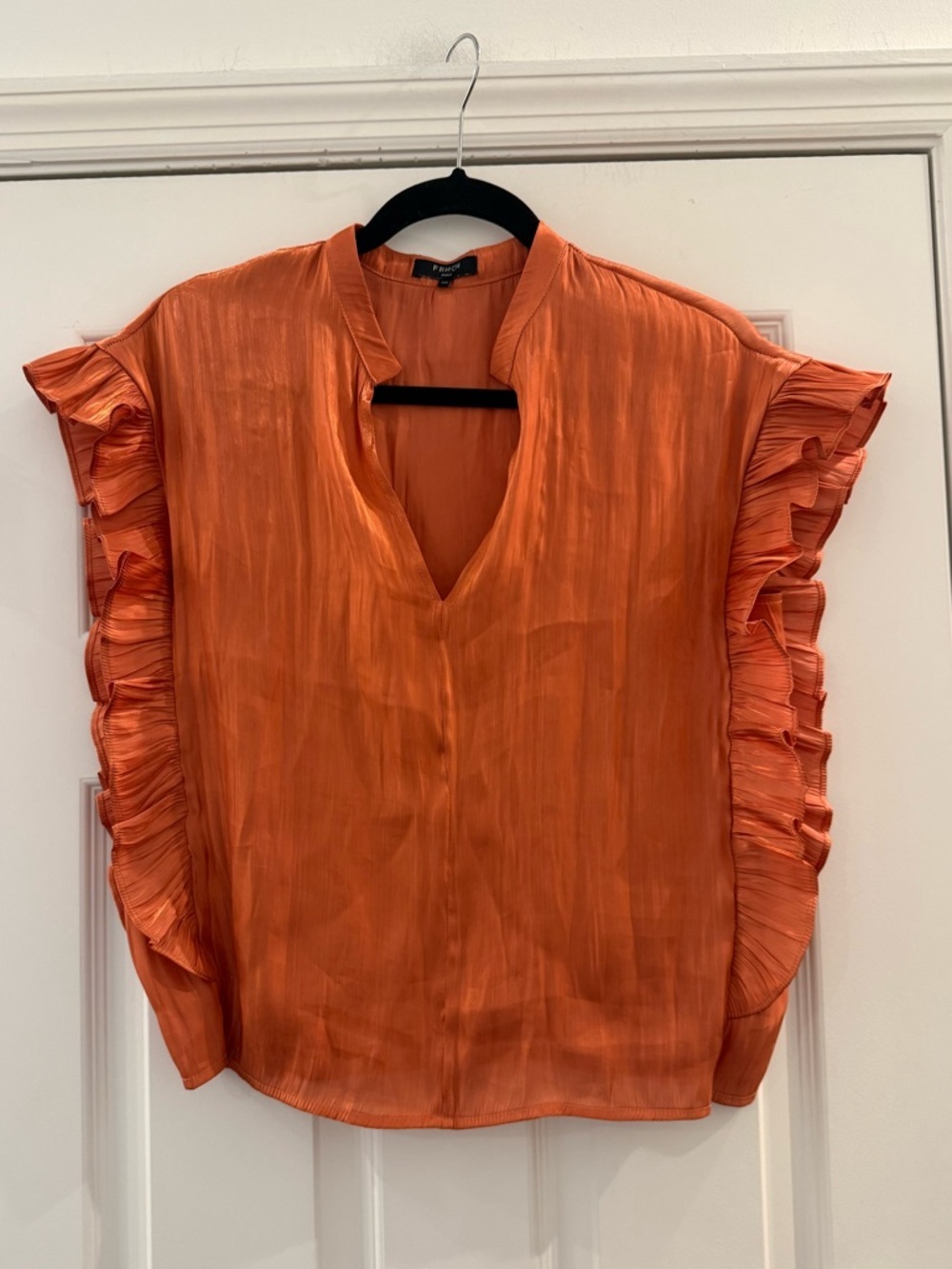 FRNCH Paris Orange Ruffle Satin Pleated Blouse Short Sleeve Top Small Medium